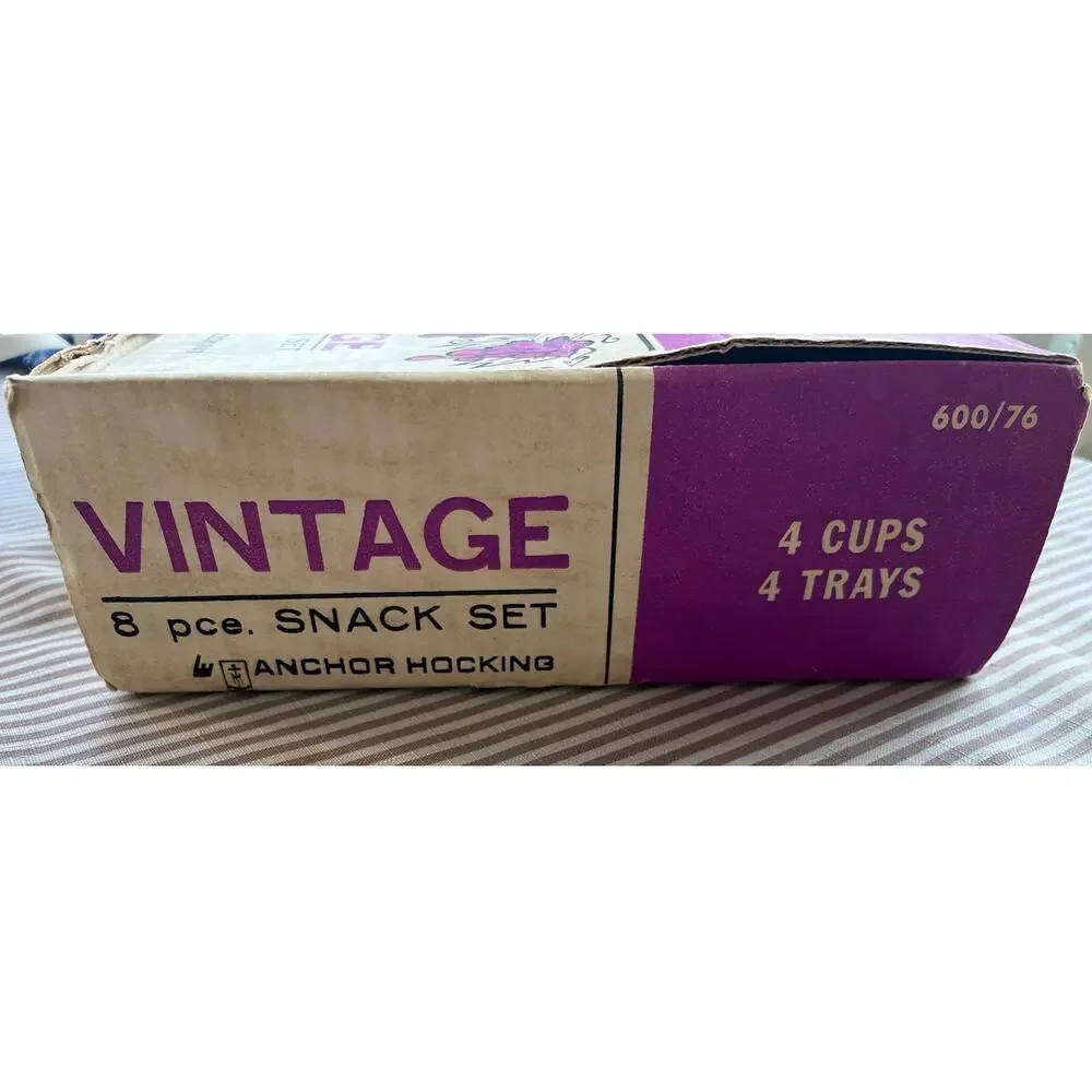 Vintage 1960s era 8 piece glass snack set by Anchor-Hocking, grape pattern party